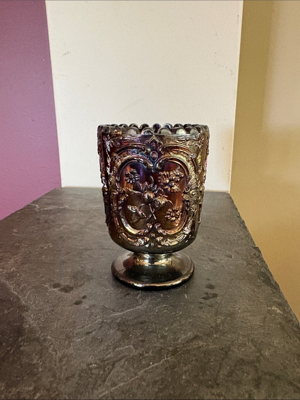 Fenton Iridescent Purple-Bronze Embossed Pedestal Vase